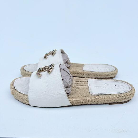 Chanel Authentic White Leather Espadrilles Flats Sandals Slides CC 9 Jewels 40 - Picture 7 of 12